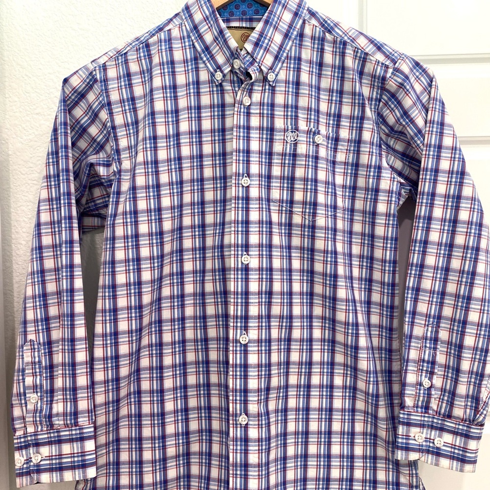 Wrangler Blue and Red Plaid Button Down Long Sleeve Shirt Boys Size Large